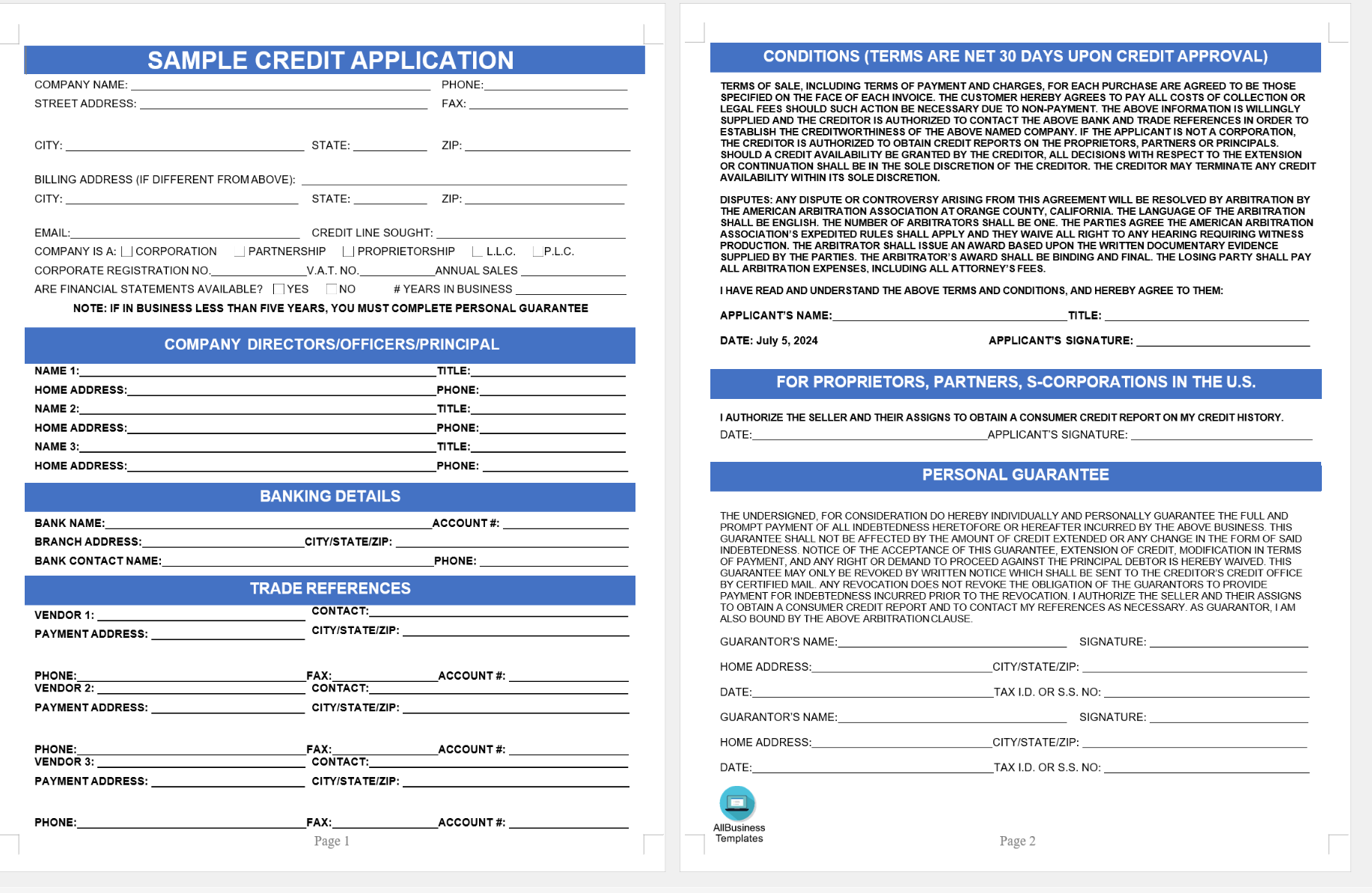 business credit application form template template
