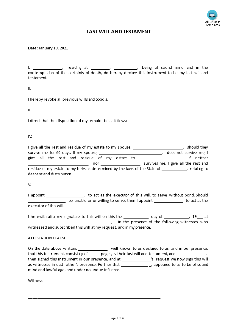 last will and testament template