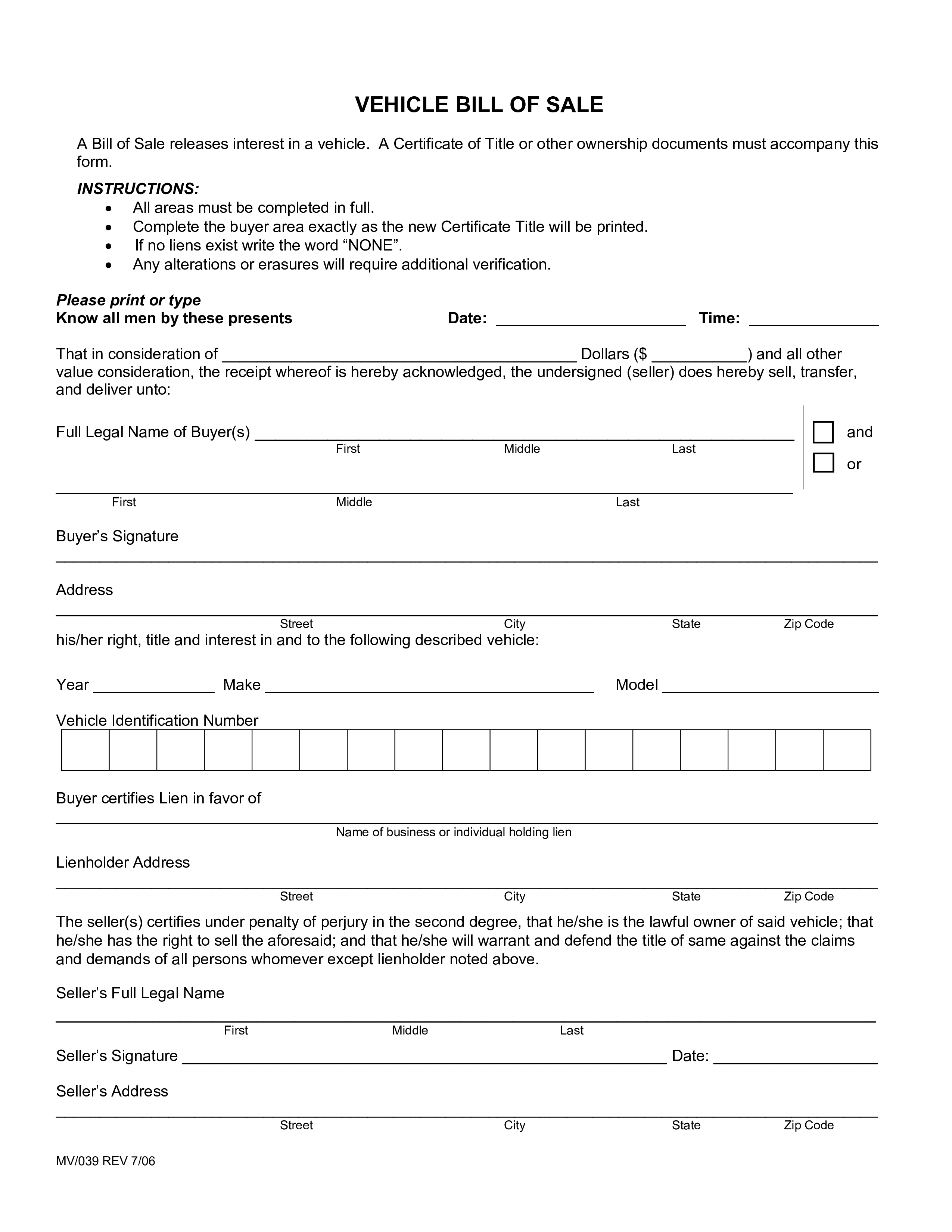 legal blank bill of sale plantilla imagen principal