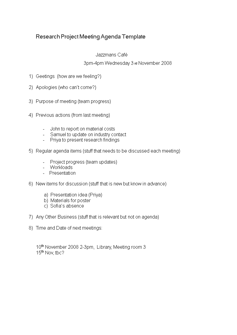 research project meeting agenda template