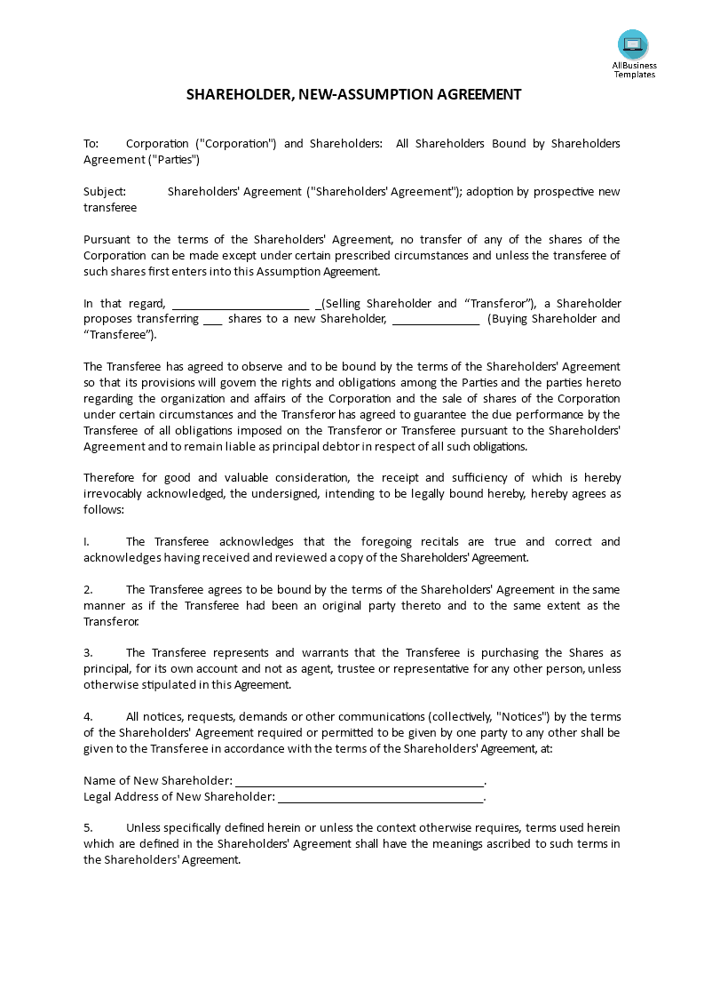 Shareholder New Assumption Agreement main image