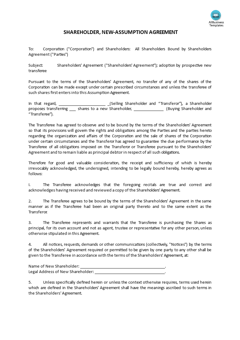 Shareholder New Assumption Agreement 模板