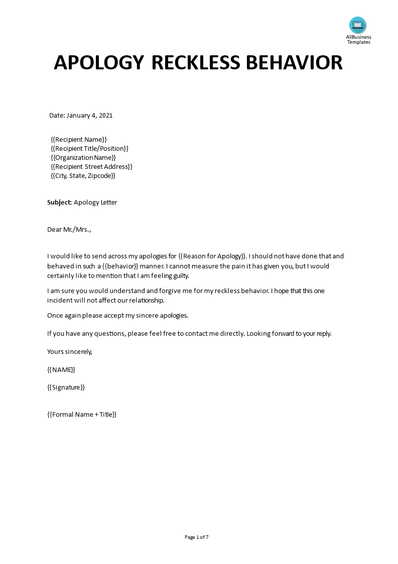 Letter examples remorse Apology Letter