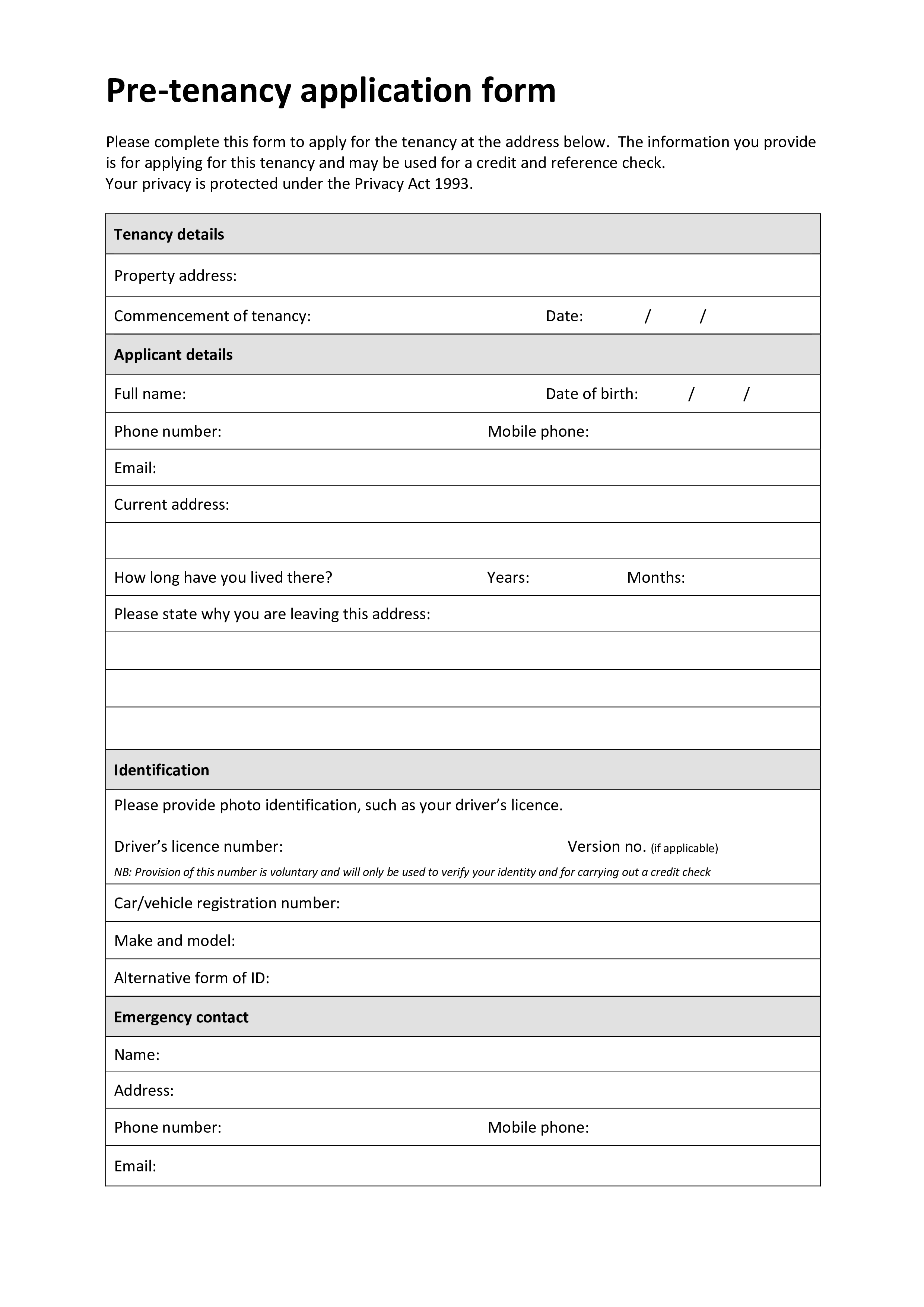 pre tenancy application form template