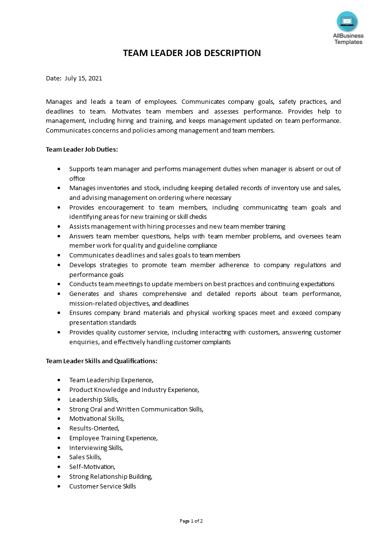 team lead job description resume sample