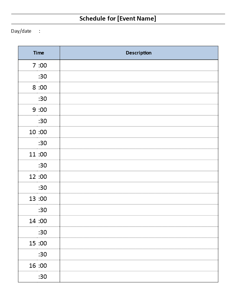 daily event schedule template voorbeeld afbeelding 