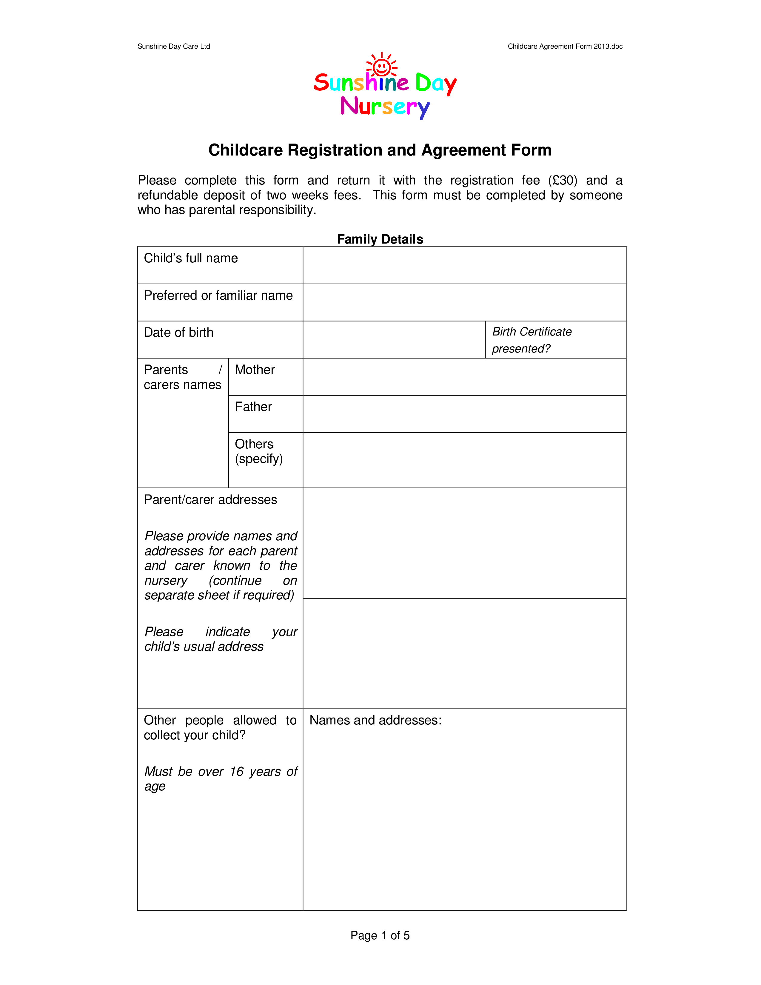 Childcare Agreement Form Templates at