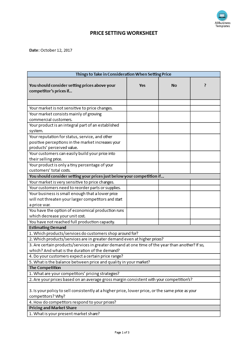 price setting list template