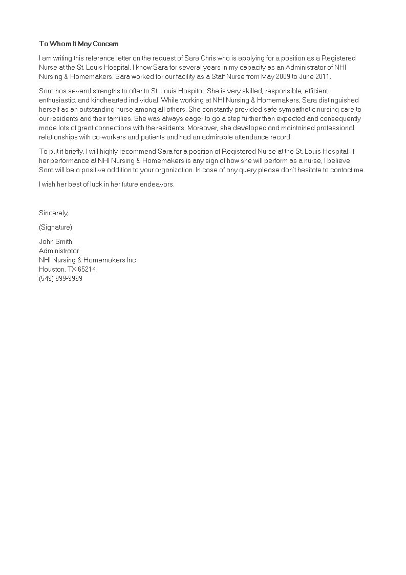 Kostenloses Registered Nurse Reference Letter template