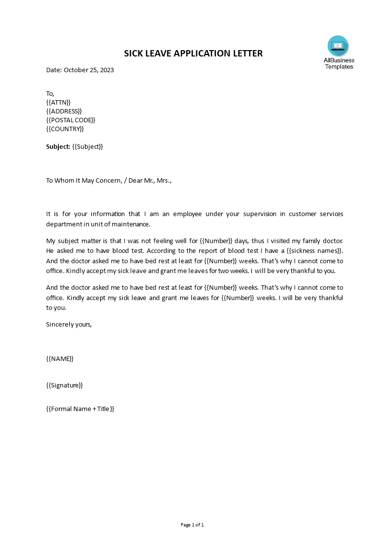 leave application letter format for work Hauptschablonenbild