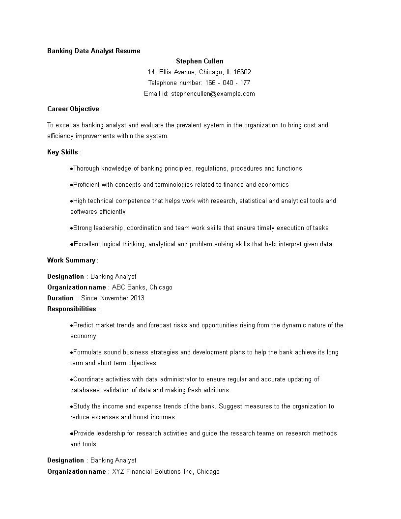 banking data analyst resume template template