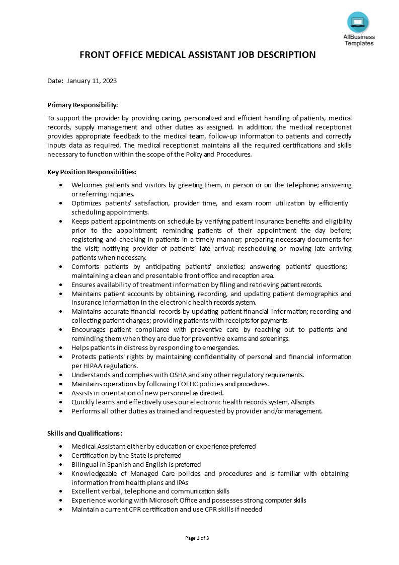 Medical Office Assistant Job Description main image