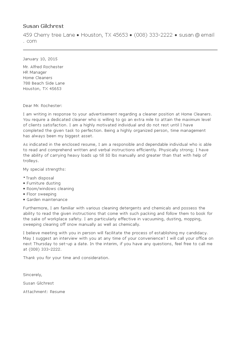 application letter for cleaning work