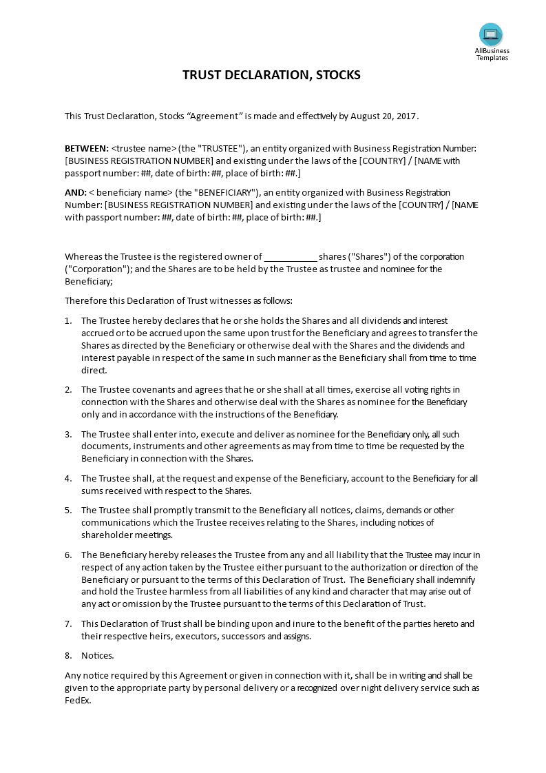 Trust declaration, stocks - Premium Schablone Throughout nominee shareholder agreement template