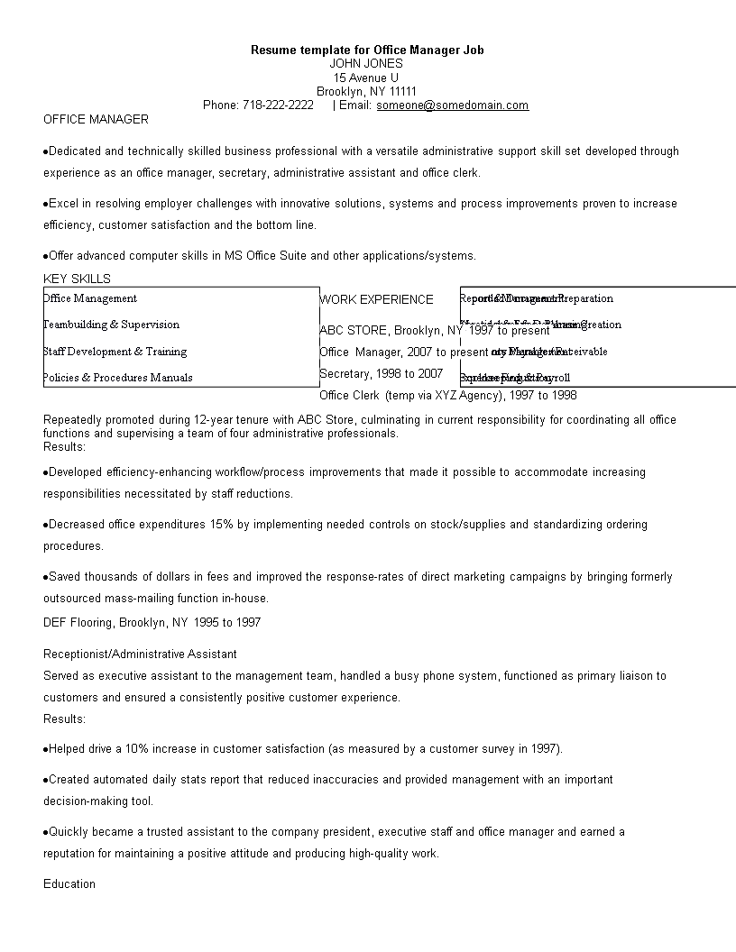 office manager job resume modèles