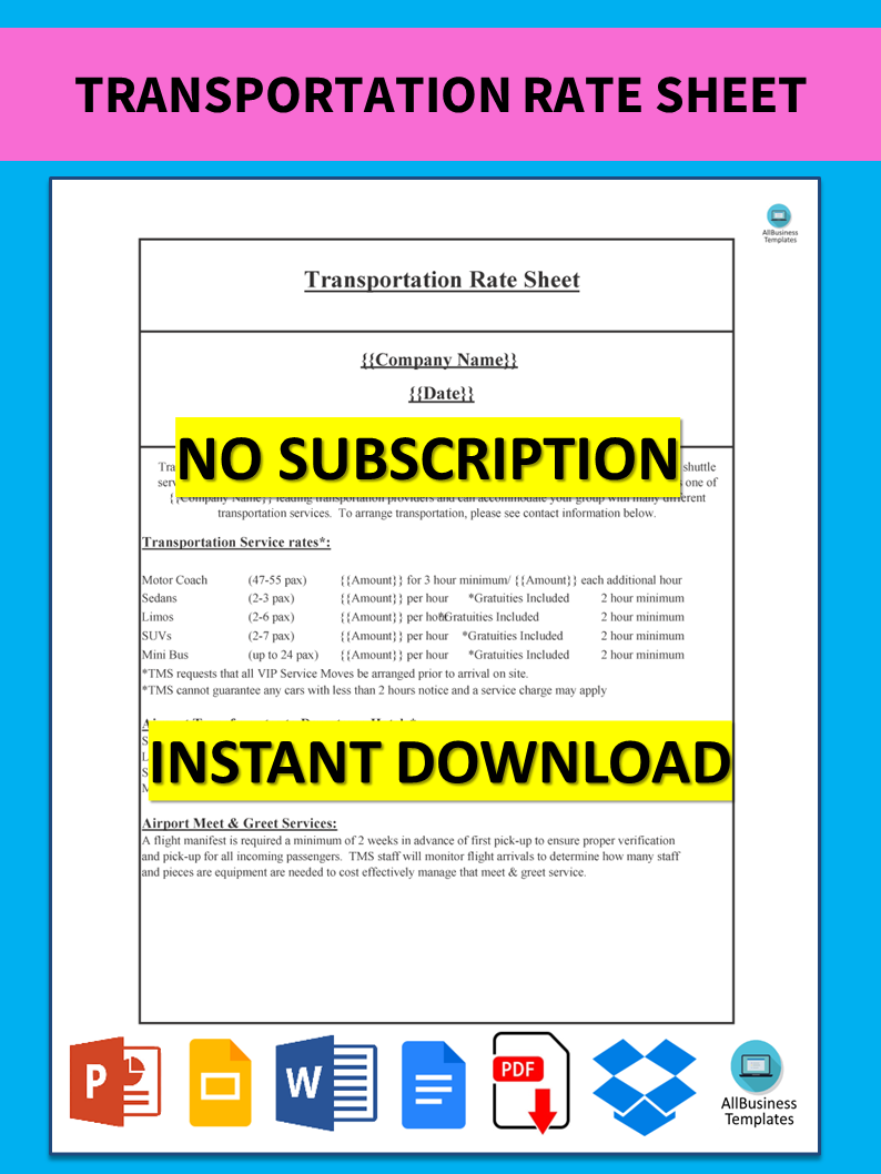 Transportation Rate Sheet 模板