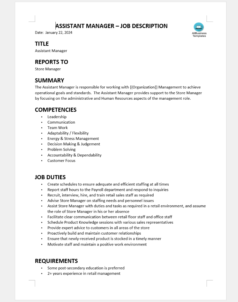 assistant store manager job description template