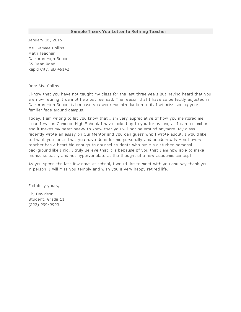 teacher retirement thank you letter template