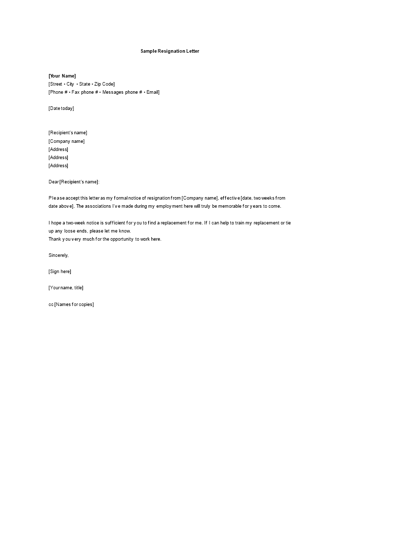 Kostenloses Employee Email Resignation Letter Word Format With Regard To Two Week Notice Template Word