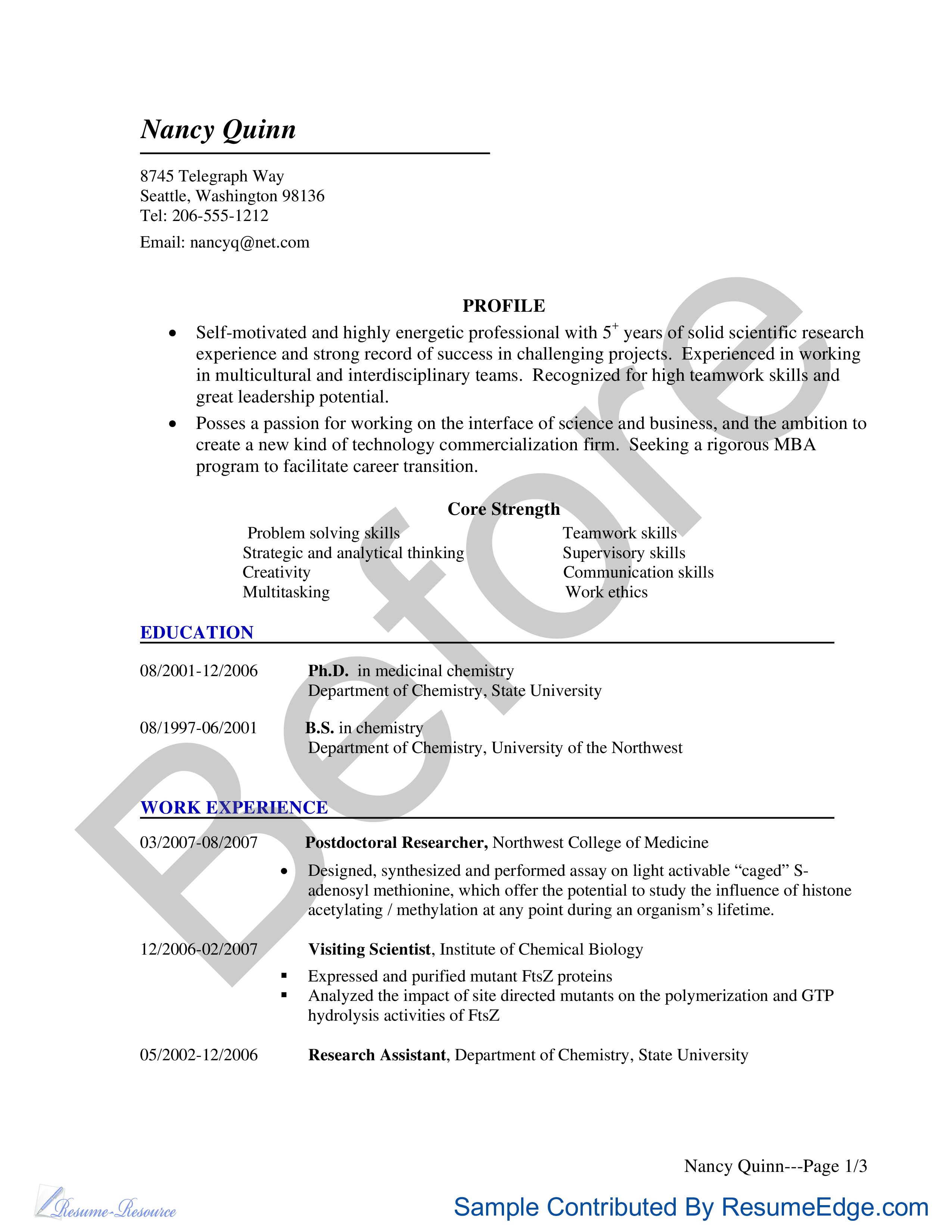 Grad School Resume - MBA Before 模板