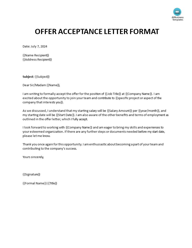 Offer Acceptance Letter Format main image