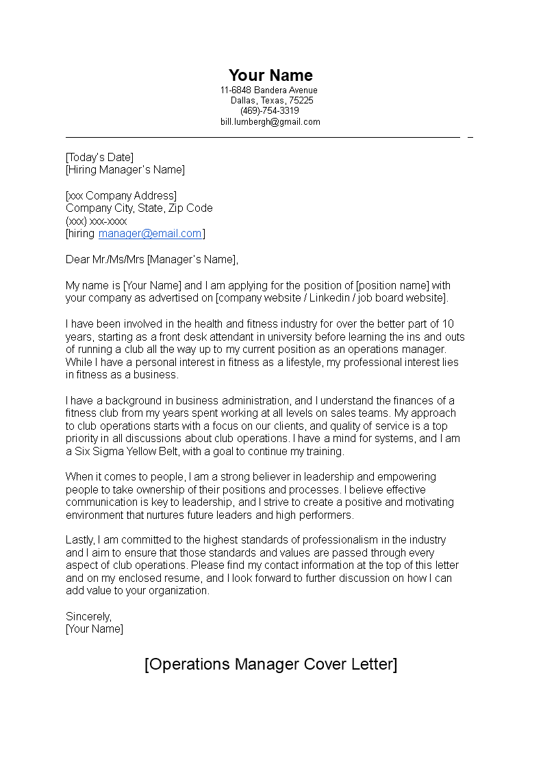 operations cover letter for cv