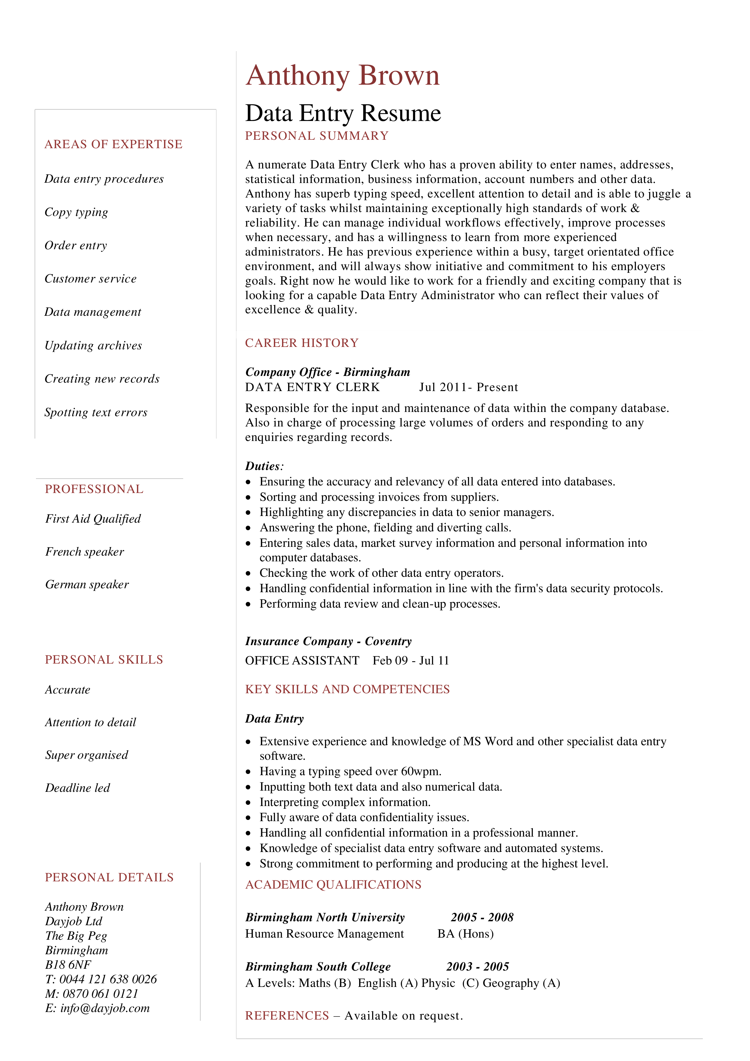 insurance data entry operator work resume modèles