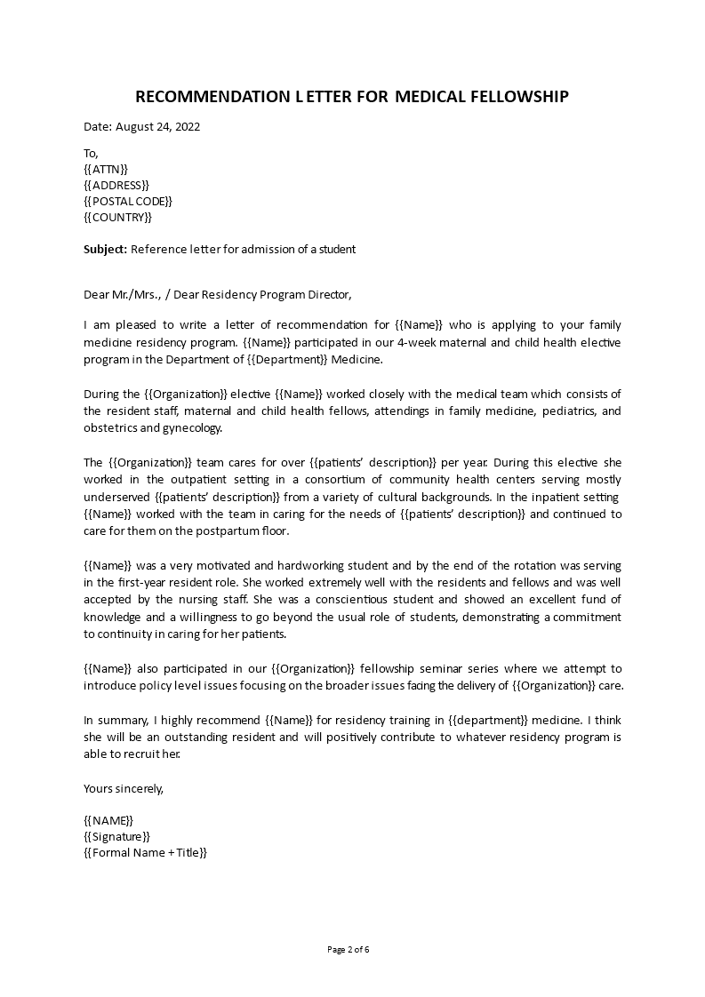 fellowship application letter of recommendation