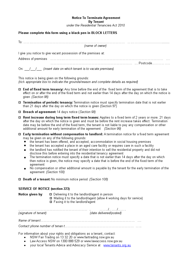 agreement termination notice letter template