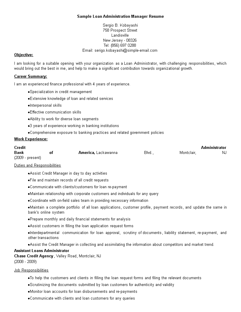 loan administration manager resume modèles