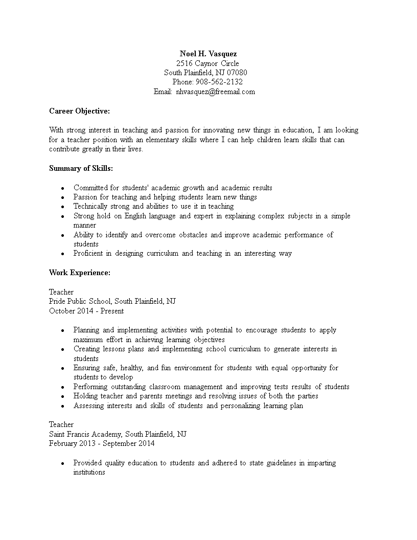 experienced elementary school teacher cv sample modèles