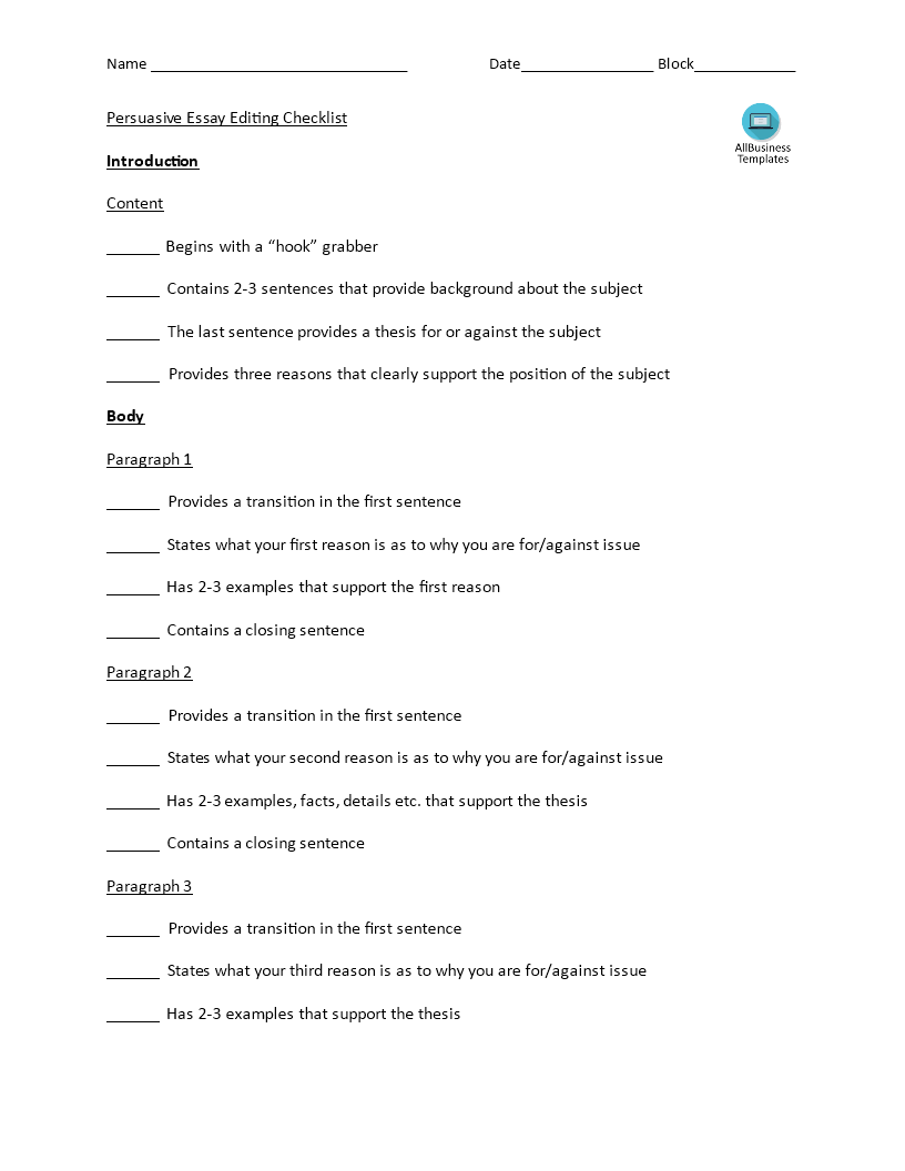 Persuasive Essay Editing Checklist 模板