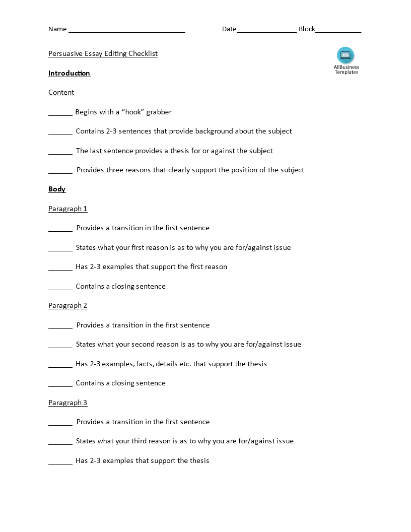 Persuasive Essay Editing Checklist main image