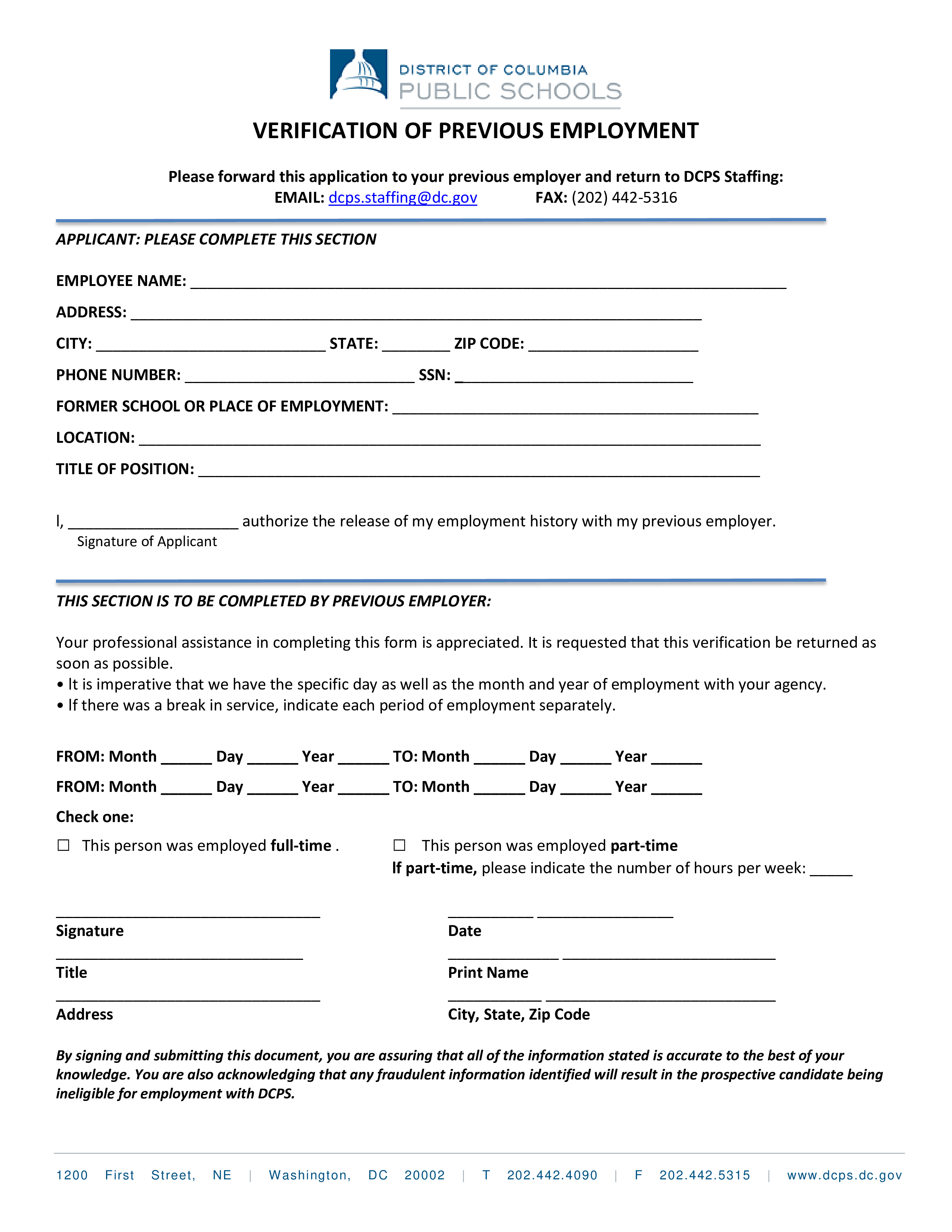 previous employment verification form template