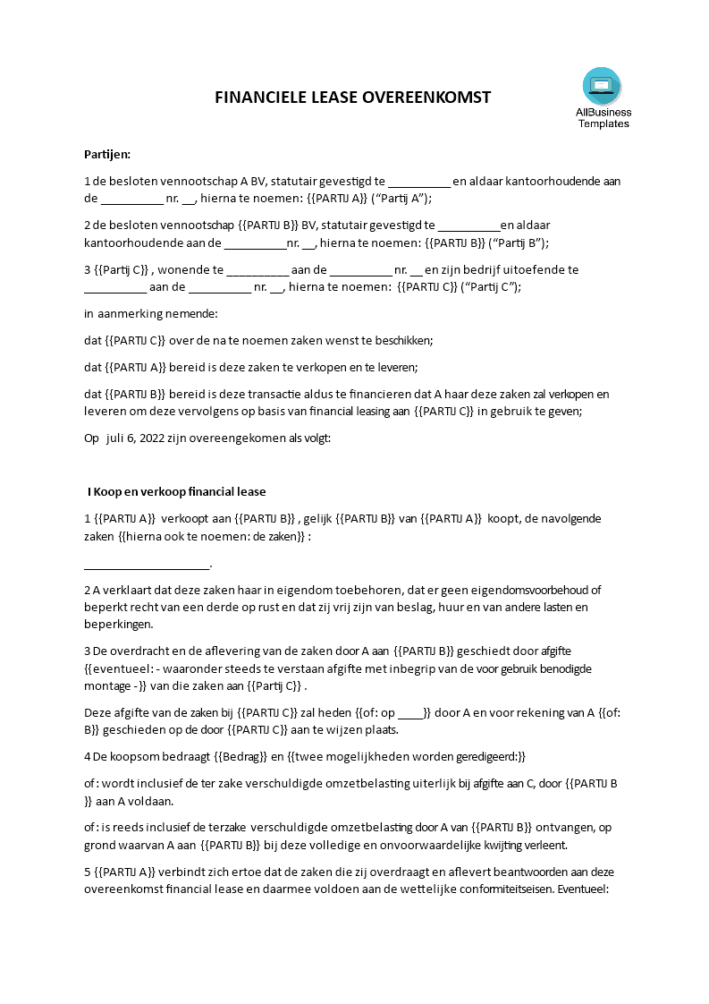 financial lease overeenkomst modèles