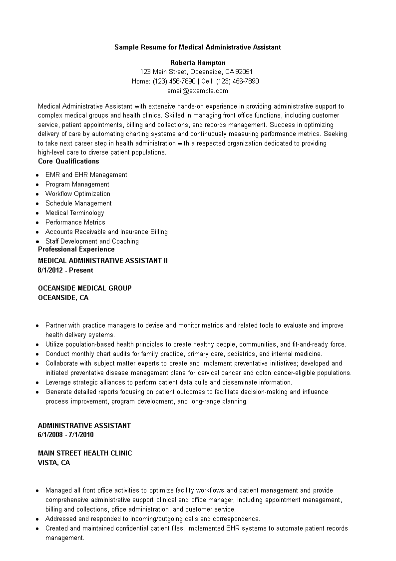 sample resume for medical administrative assistant template