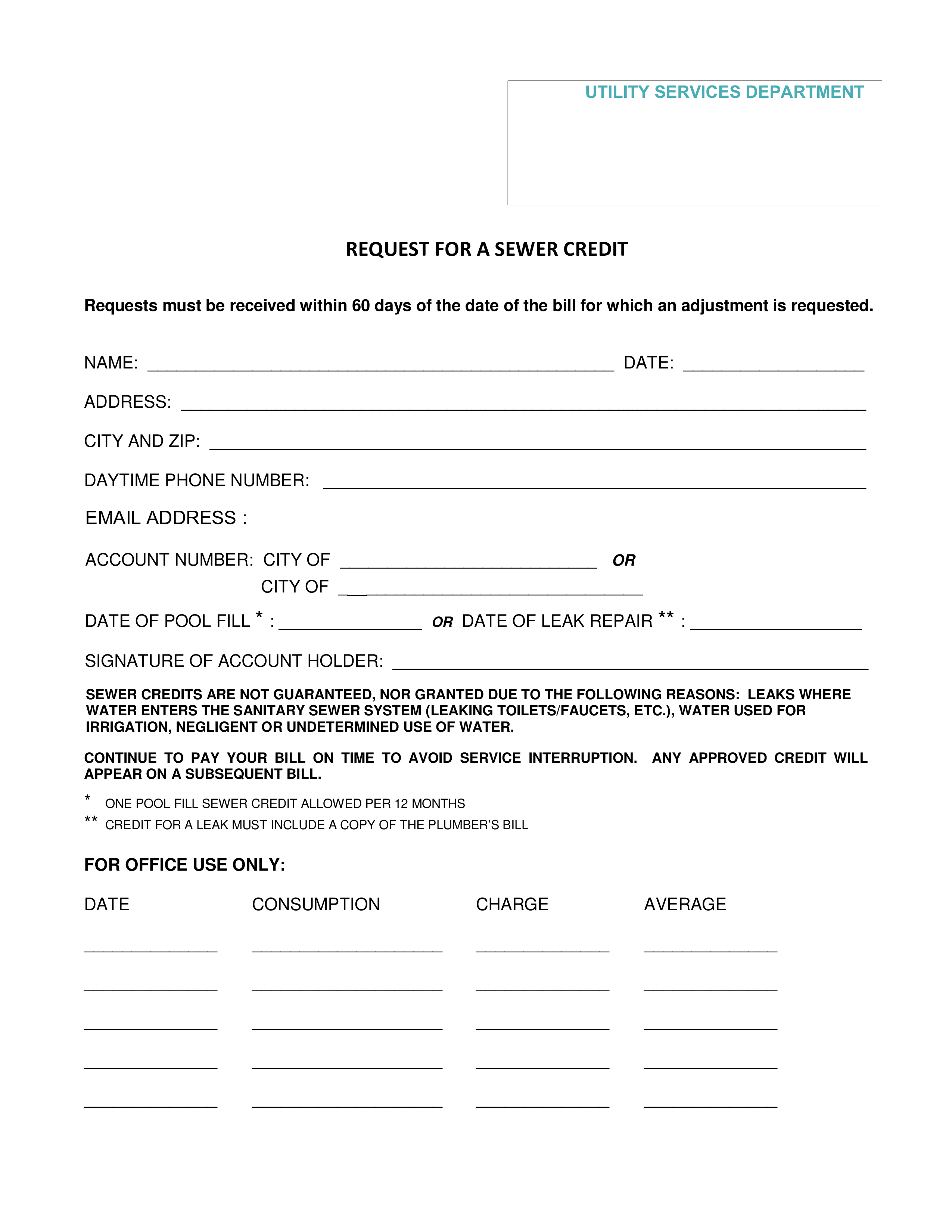 Utility Services Sewer Credit Request | Templates at ...