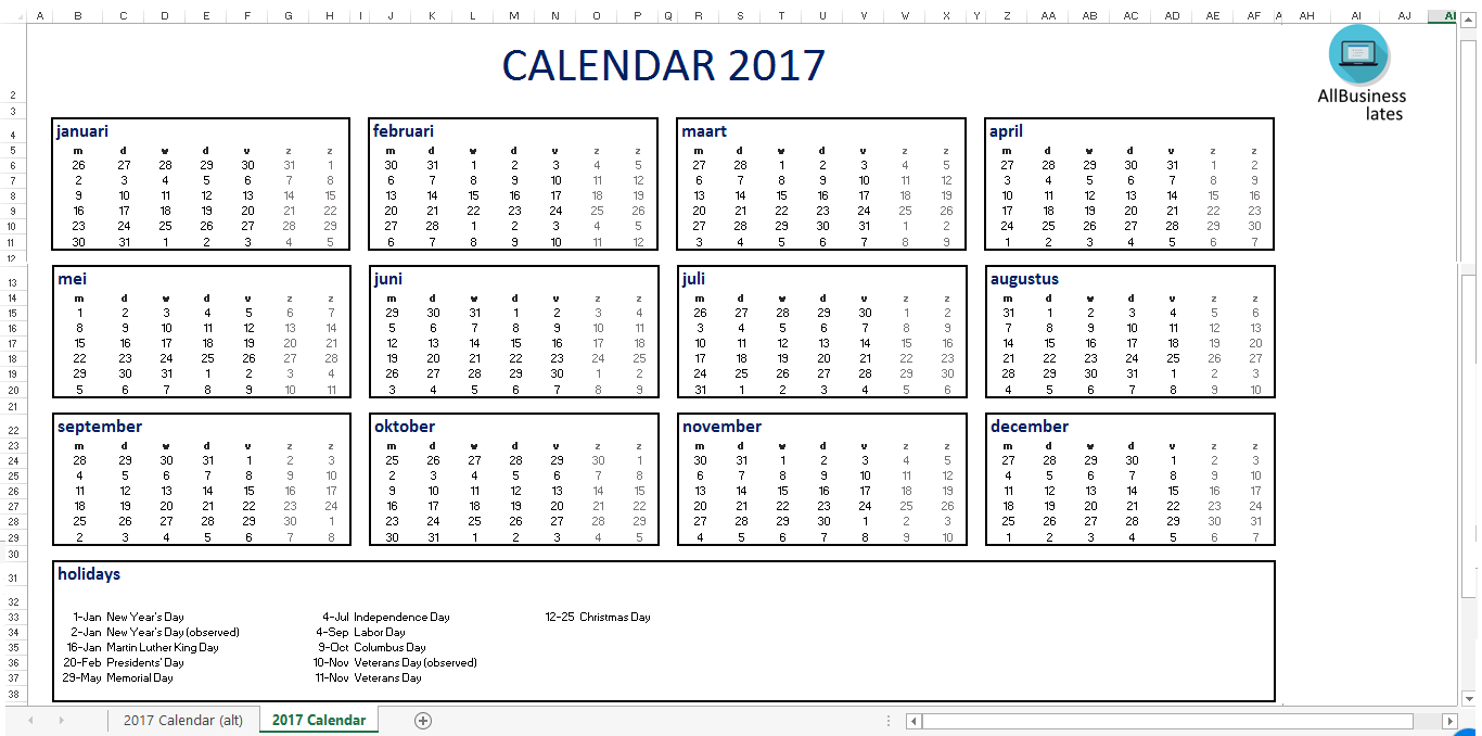 2017 calendar excel a3 size voorbeeld afbeelding 