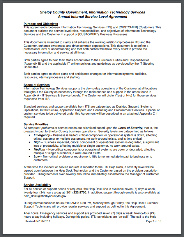 Internal Service Level Agreement Templates At Allbusinesstemplates