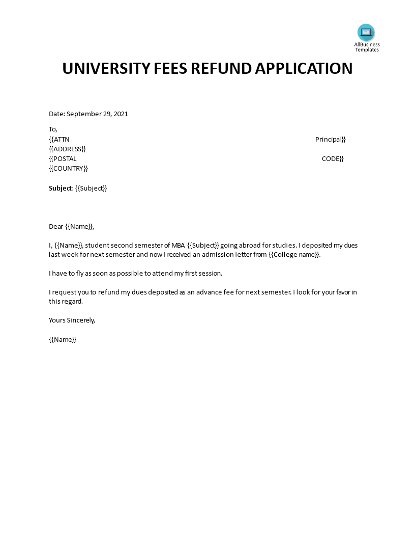 application letter for cancellation of admission and refund fees