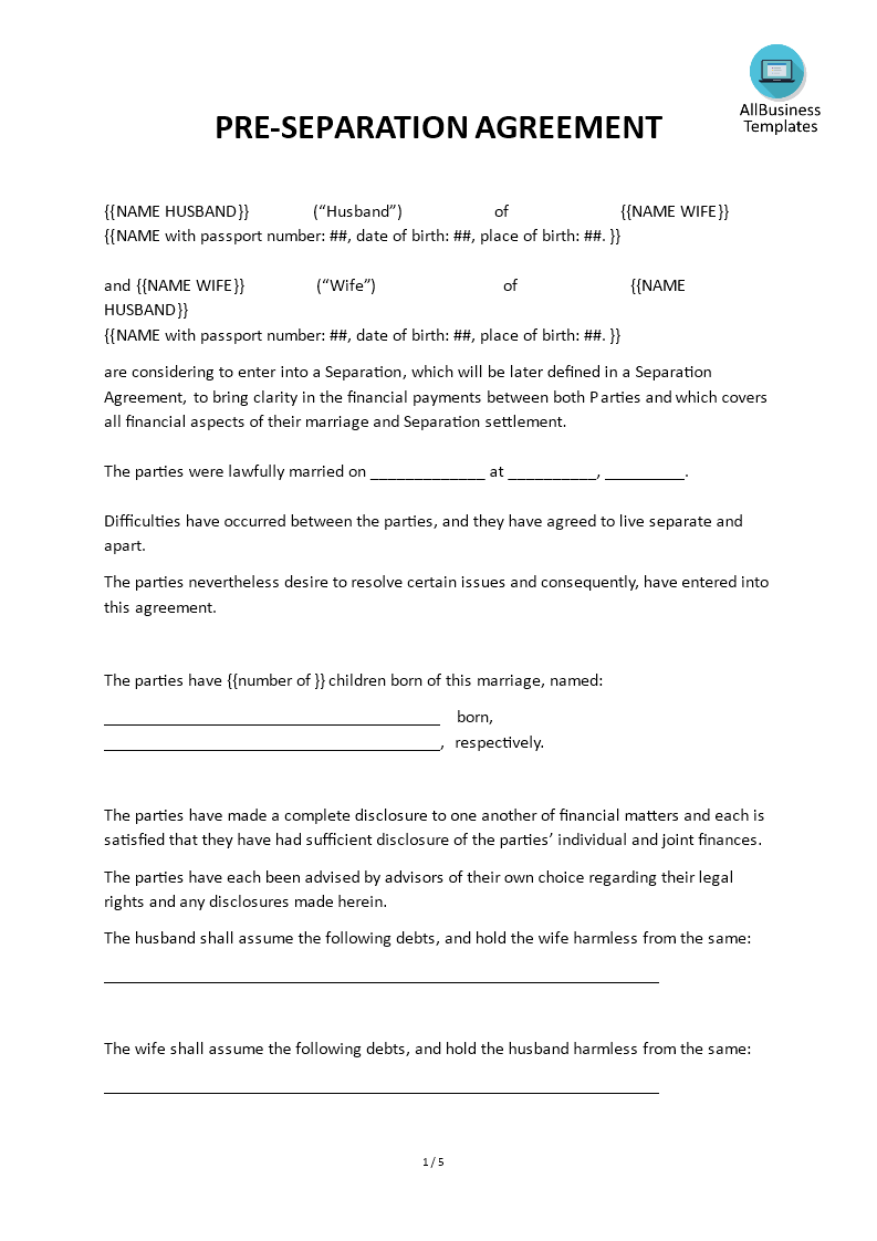 Pre-Divorce Agreement  Templates at allbusinesstemplates.com