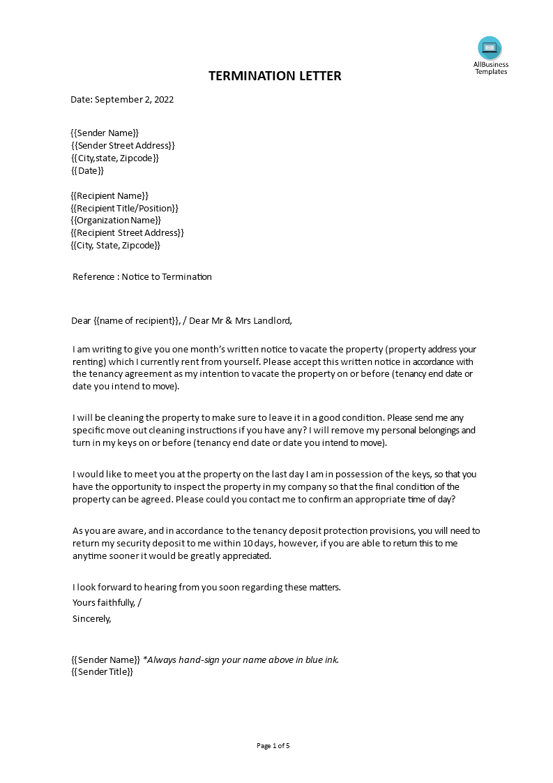 Landlord Termination Notice Letter | Templates at allbusinesstemplates.com