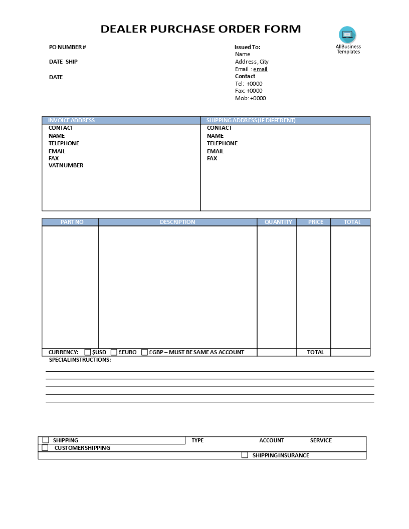 Dealer Purchase Order Form Templates at
