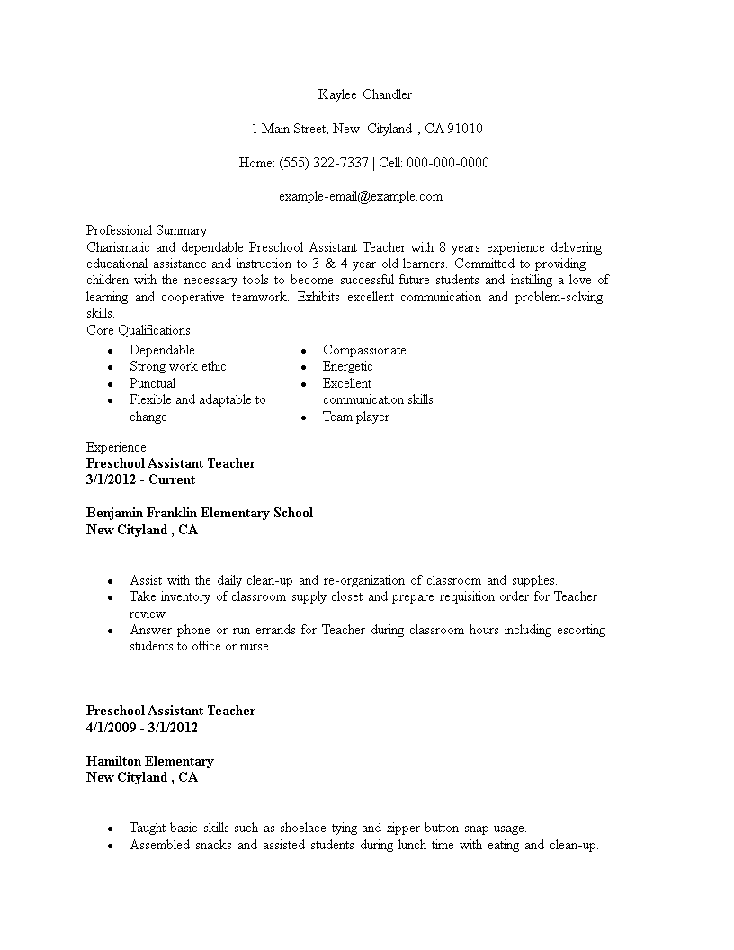 sample resume for preschool teacher assistant template