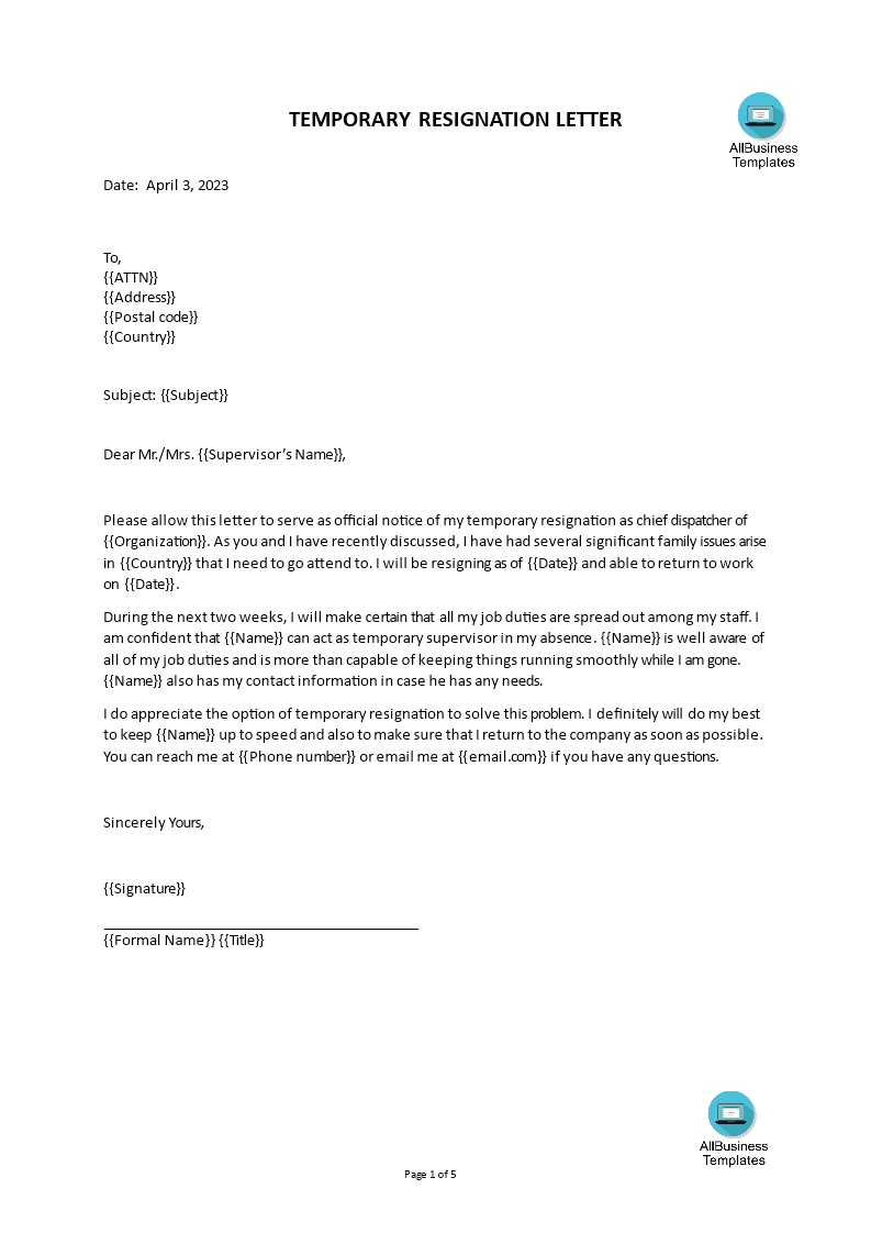 temporary resignation letter format template