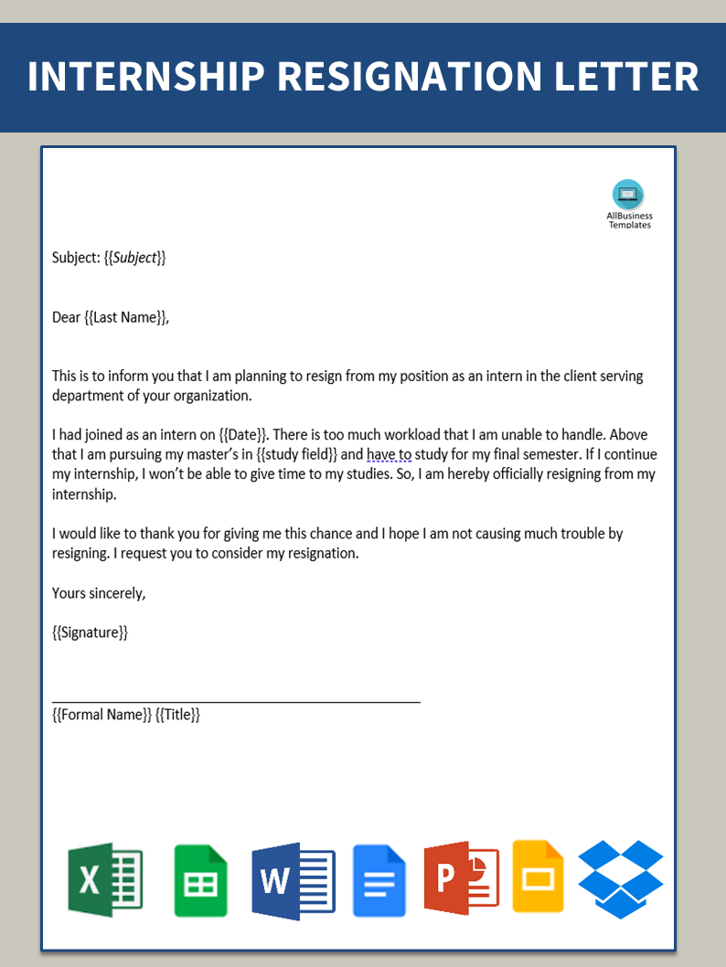 internship resignation letter printable modèles