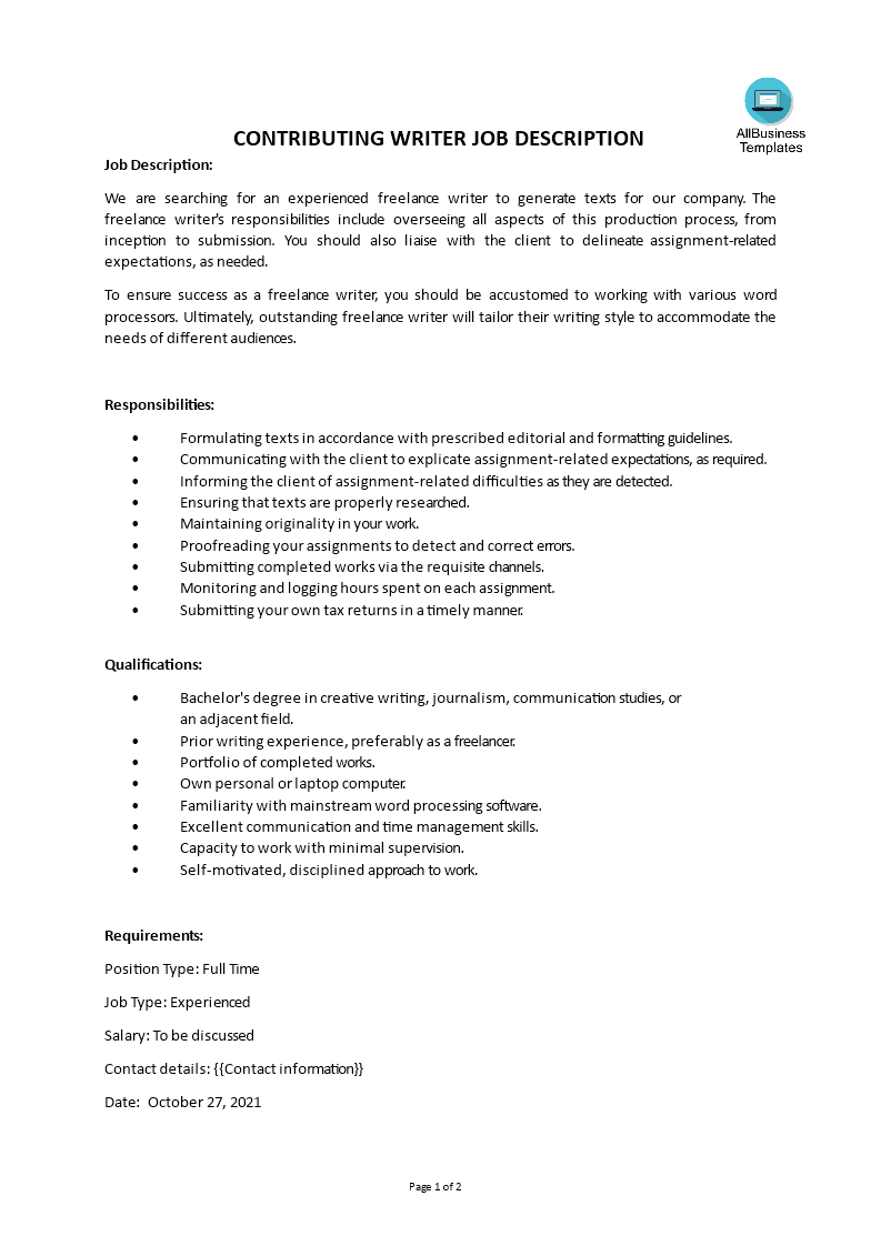 contributing writer job description template