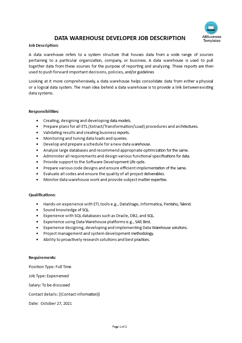 Data Warehouse Developer Job Description main image