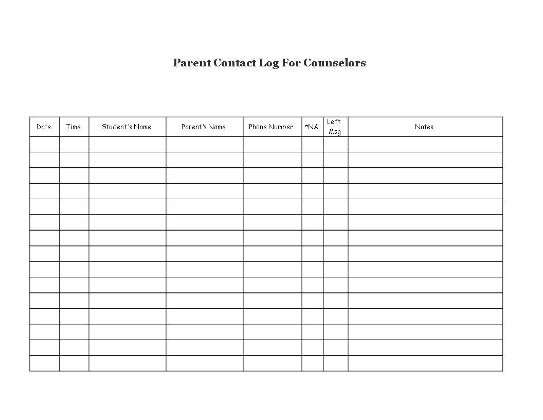 Parent Contact Log For Counselors 模板