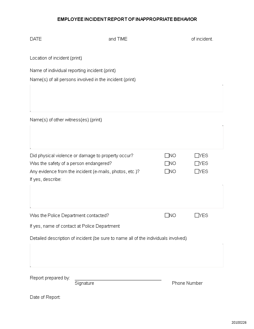 employee behavior incident report template